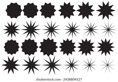 Retro futuristic sparkle icons collection. Set of star shapes. Abstract cool shine effect sign vector design. Star sparkle and twinkle. Star burst, flash stars. Isolated vector starburst icons, black.