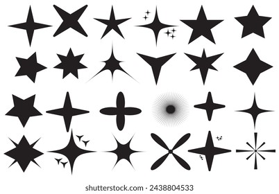 Retro futuristic sparkle icons collection. Set of star shapes. Abstract cool shine effect sign vector design. Star sparkle and twinkle. Star burst, flash stars. Isolated vector starburst icons, black.