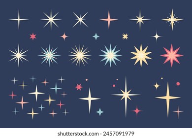 Retro futuristic sparkle icons collection. Set of colorful star shapes. Abstract cool shine effect sign vector design.