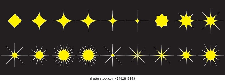 Retro futuristic sparkle icons collection. Set of star shapes. Abstract cool shine effect sign vector design. Templates for design, posters, projects, banners, logo, and business cards