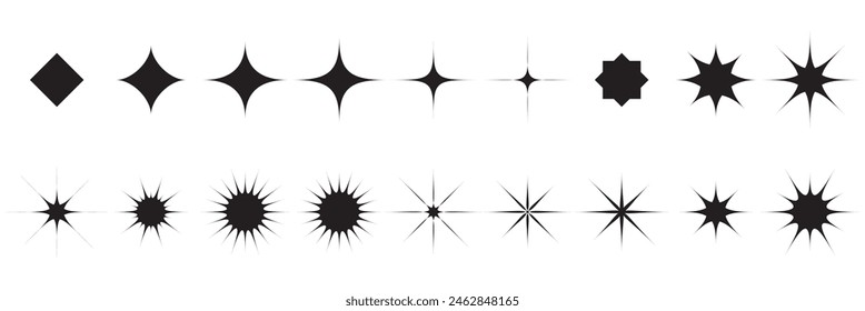 Retro futuristic sparkle icons collection. Set of star shapes. Abstract cool shine effect sign vector design. Templates for design, posters, projects, banners, logo, and business cards