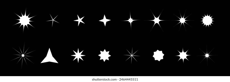 Retro futurista brillantes iconos de colección. Conjunto de Formas de estrellas. Diseño Abstractas del Vector del signo del efecto del brillo fresco. Plantillas de diseño, pósters, proyectos, Anuncios y logo. estrellas blancas. estrellas brillantes. 