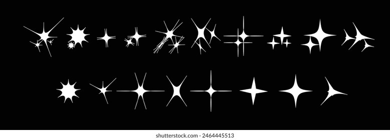 Retro futurista brillantes iconos de colección. Conjunto de Formas de estrellas. Diseño Abstractas del Vector del signo del efecto del brillo fresco. Plantillas de diseño, pósters, proyectos, Anuncios y logo. estrellas blancas. estrellas brillantes. 