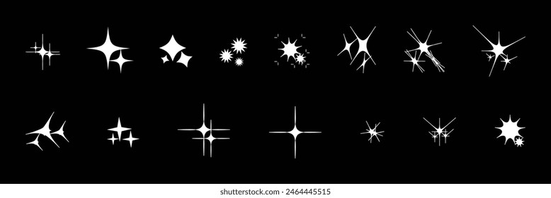 Retro futuristic sparkle icons collection. Set of star shapes. Abstract cool shine effect sign vector design. Templates for design, posters, projects, banners and logo. white stars. twinkle stars. 