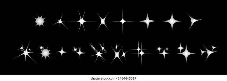 Retro futurista brillantes iconos de colección. Conjunto de Formas de estrellas. Diseño Abstractas del Vector del signo del efecto del brillo fresco. Plantillas de diseño, pósters, proyectos, Anuncios y logo. estrellas blancas. estrellas brillantes. 