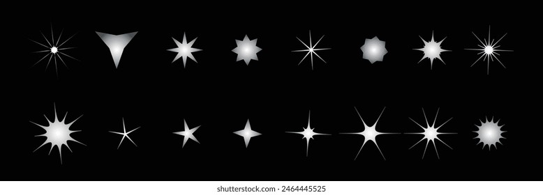 Retro futurista brillantes iconos de colección. Conjunto de Formas de estrellas. Diseño Abstractas del Vector del signo del efecto del brillo fresco. Plantillas de diseño, pósters, proyectos, Anuncios y logo. estrellas blancas. estrellas brillantes. 