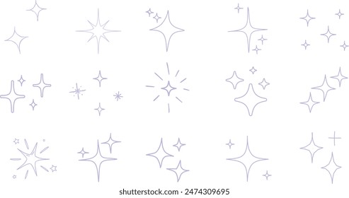 Retro futuristic sparkle icons collection featuring star shapes with abstract cool shine effects. Perfect for design templates, posters, projects, banners, logos, and business cards.