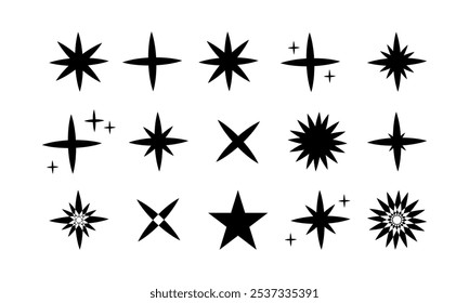 Retro futuristic sparkle icons collection. Set of star shapes. Abstract cool shine effect sign vector design. Templates for design, posters, projects, banners, logo, and business cards