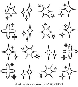 Retro futuristic sparkle icons collection. Set of star shapes. Abstract cool shine effect sign vector design. Glowing light bursts with sparkles.