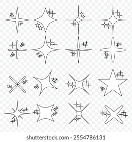  Retro futuristic sparkle icons collection. Set of star shapes. Abstract cool shine effect sign vector design. Templates for design, posters, projects, banners, logo, and business cards. EPS 10.