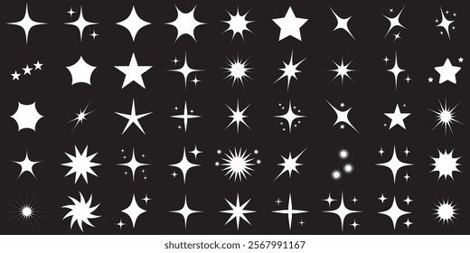 Retro futuristic sparkle icons collection. Set of star shapes. Abstract cool shine effect sign vector design. Glowing light bursts with sparkles.