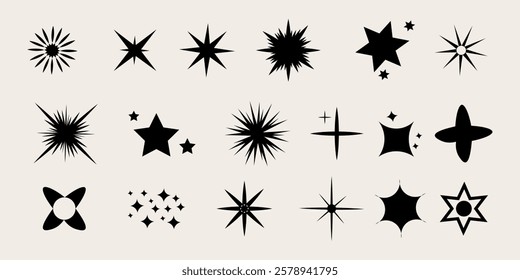 Retro futuristic sparkle icons collection. Set of star shapes. Abstract cool shine effect sign vector design.