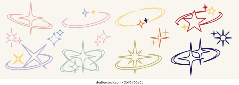 Retro futuristic sparkle icons collection. Set of star shapes. Abstract cool shine effect sign vector design. Templates for design, posters, projects, banners, logo, and business cards	

