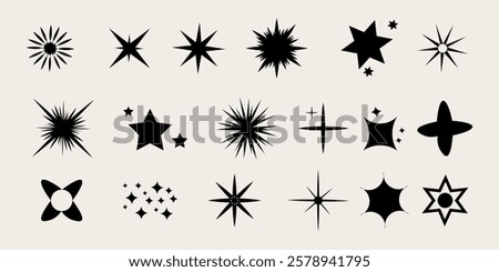 Retro futuristic sparkle icons collection. Set of star shapes. Abstract cool shine effect sign vector design.