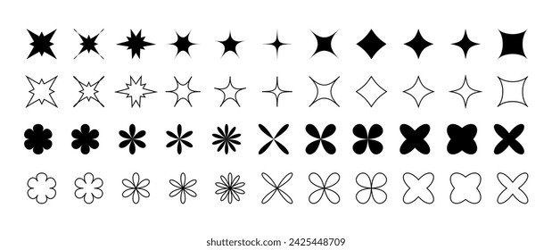 Retro futuristic sparkle shapes collection. Y2k star shapes. Abstract cool shine effect sign vector design. Abstract minimal geometric elements