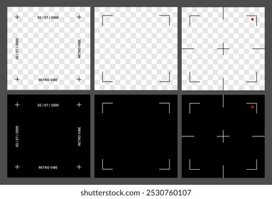 Retro Futuristic Square Frame for social media. Template Camera frame. Video screen with rec, viewfinder. Display with focus. Isolated Video screen frame on background. Realistic mockup design. 