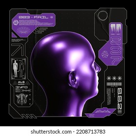 Retro futuristic square poster with metallic human head. Abstract print with cyberpunk frames, for streetwear, print for t-shirts and sweatshirts on a black background