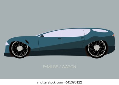 retro futuristic station wagon car, side view,  flat design style