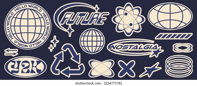 Retro futuristic sticker. Abstract graphic geometric symbols and objects in y2k style. Templates for notes, posters, banners, stickers, business cards, logo. Nostalgia for 2000s.