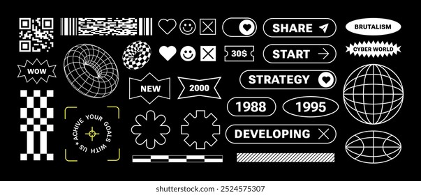 Pegatinas futuristas retro para negocios. Concepto Elementos. Estilo brutalista. Estrategia, llamado a la acción. Estética minimalista para página de Web, póster, folleto. Código de barras, Formas simples, Botones, 3d wireframe 
