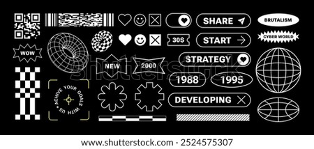 Retro Futuristic stickers for business. Concept Elements. Brutalist style. Strategy, call to action. Minimalism aesthetic for web page, poster, brochure. Bar code, simple shapes, buttons,3d wireframe 