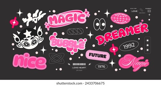 Retro futuristic stickers for design. Collection of abstract graphic geometric bubble symbols and objects in y2k style. Cartoon head character.Trendy patches, labels, tags, stickers, stamps
