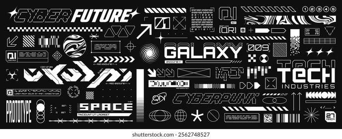 Retro futuristic streetwear element, cyberpunk aesthetic decals. Sci-fi inscriptions or stickers, techwear label template, acid forms and symbols, minimalist high tech graphic design assets vector set