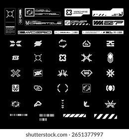 Elemento retrô futurista streetwear, decalques estéticos cyberpunk. Inscrições ou adesivos de ficção científica, modelo de etiqueta de tecwear, formas ácidas e símbolos, conjunto de vetores de ativos de design gráfico minimalista de alta tecnologia