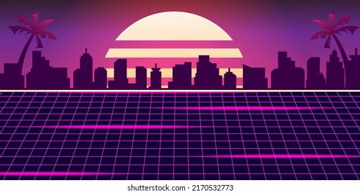 Retro futuristic retro styled night cityscape with sunset on background. Vector illustration.