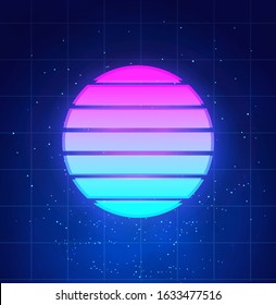 Retro futuristic sunset background. Abstract neon sun in cyberpunk style on night sky with stars and clouds, vaporwave, synthwave music illustration. 