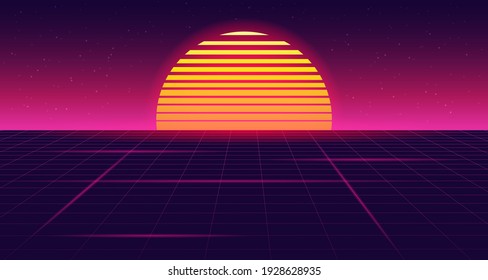Retro futuristic sunset background with grid. 80s style. Retrowave, synthwave futuristic background. Night sky with stars and sun. Template design for cyber or sci-fi abstract concept. Vector