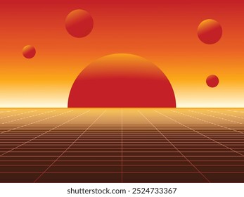 A retro futuristic sunset design featuring small planets in the background, with warm vintage earth tone colors. Great for retro-themed projects, nostalgic artwork, and organic design concepts.