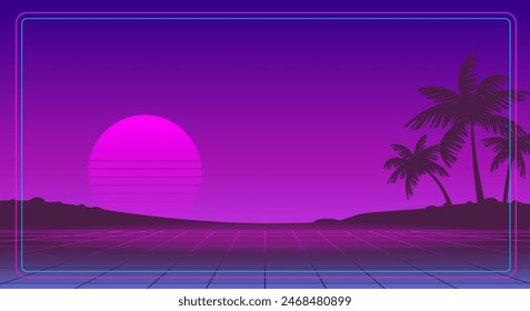 Retro futuristic sunset landscape of 80-90s style with  grid background with palms silhouette on the neon beach - cyberpunk vector dsgn for Synthwave music cover and surf party banner design