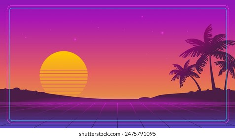 Paisaje futurista retro del atardecer del fondo de la rejilla del estilo de los años 80-90 con la silueta de las palmas en la playa del neón - diseño del Vector del cyberpunk para la cubierta de la música de Synthwave y el diseño del Anuncio del partido del surf