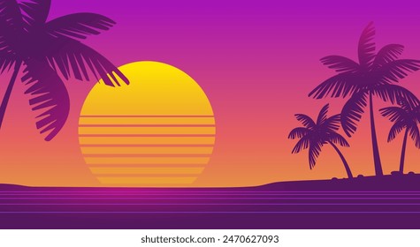 Retro futuristic sunset landscape background of 80-90s style with palms silhouette on the neon beach - cyberpunk vector dsgn for Synthwave music cover and surf party banner design