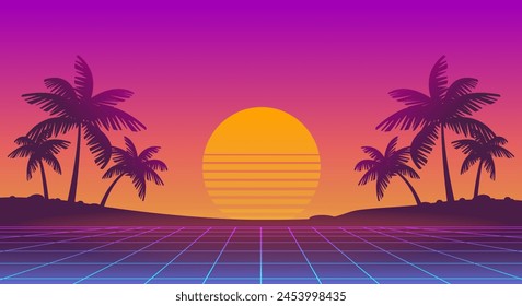 Paisaje futurista retro de la puesta del sol con el fondo rosa de la rejilla de la silueta de las palmas en la playa del neón - diseño Horizontal del Vector para la cubierta de la música de Synthwave y el diseño del Anuncio de la fiesta