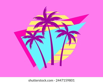 Retro futuristic sunset with palm trees and triangle in 80s style. Sci-fi palm trees at sunset in synthwave and retrowave style. Design for print, banners and posters. Vector illustration