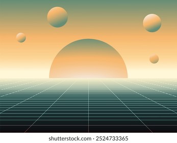 A retro futuristic sunset with small planets in background features soft neutral tones, offering a minimalist and vintage aesthetic ideal for subtle digital art, retro-themed designs, and creatives.