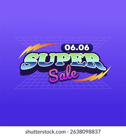 Retro Futuristic Super Sale Banner with Neon Gradient Text Lightning Bolt and Grid Background for Flash Discount Event