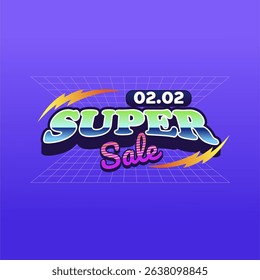 Retro Futuristic Super Sale Banner with Neon Gradient Text Lightning Bolt and Grid Background for Flash Discount Event