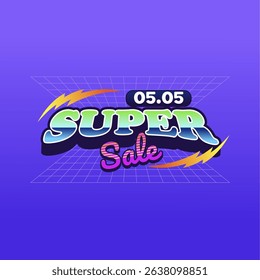 Retro Futuristic Super Sale Banner with Neon Gradient Text Lightning Bolt and Grid Background for Flash Discount Event