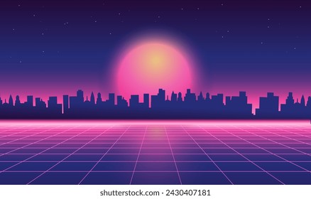 Retro futuristic synthwave retrowave 80s styled night cityscape with big sunset on background. Cover or banner template for retro wave music. Vector 1980s vintage illustration.