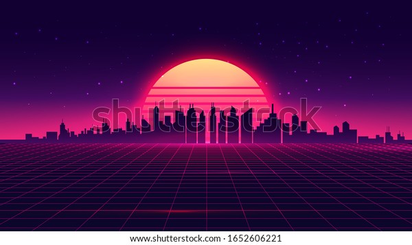 Retro Futuristic Synthwave Retrowave Styled Night Cityscape With Sunset On Background Cover Or Banner Template For