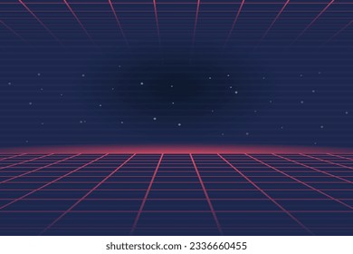 Retro futuristic synthwave vaporwave background with neon laser grid and abstract landscape. 80s style vector illustration for music, games, or digital art projects.