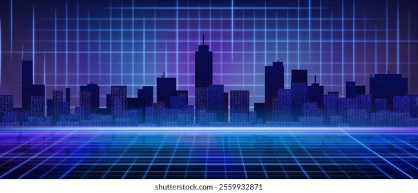 Retro futuristic tech cityscape with neon grid background and digital matrix code overlay. Dark skyscrapers silhouette on glowing purple and blue horizon, with synthwave aesthetic for cyberpunk design