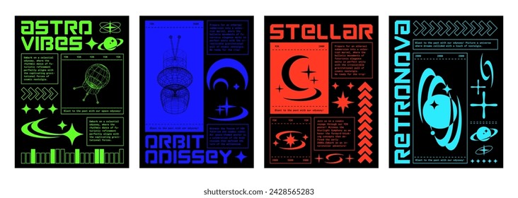 Retro futuristic techno posters set. Vector illustration of retrowave aesthetic banners with wireframe space satellite, radar, planet globe, moon icons on black background, y2k vibe flyer templates