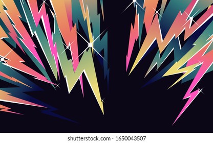 Retro- futuristic thunder shape with lighting effects - geometric composition design, tint vintage color palette nostalgic 80s VHS era inspiration background template design