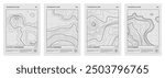 Retro futuristic topographic map, relief contour posters set. Abstract line represents land elevation with minimalist art style design. Cartography terrain pattern. Modern monochrome brutalism print