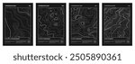 Retro futuristic topographic map, relief contour posters set. Abstract line represents land elevation with minimalist art style design. Cartography terrain pattern. Modern monochrome brutalism print
