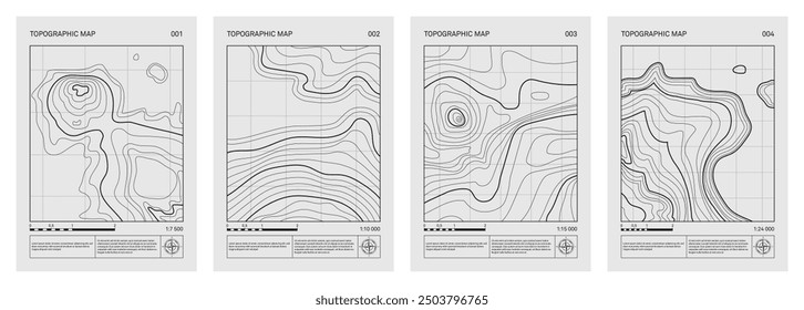 Retro futuristic topographic map, relief contour posters set. Abstract line represents land elevation with minimalist art style design. Cartography terrain pattern. Modern monochrome brutalism print